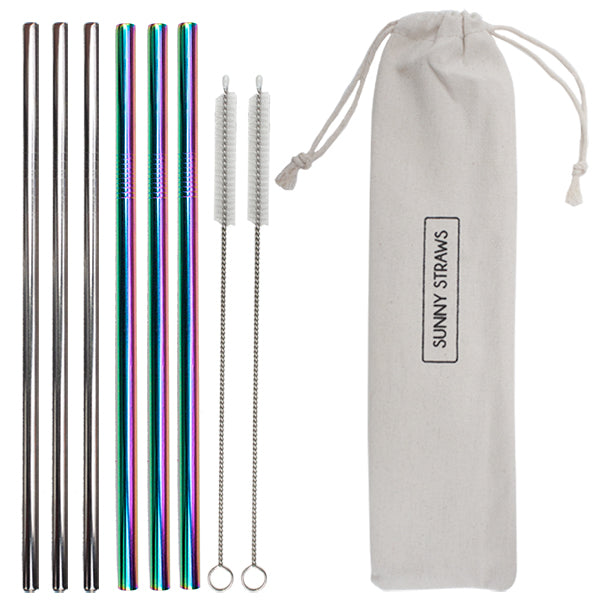 Rainbow and Silver Straight Straw Set (6) with Brushes (2)